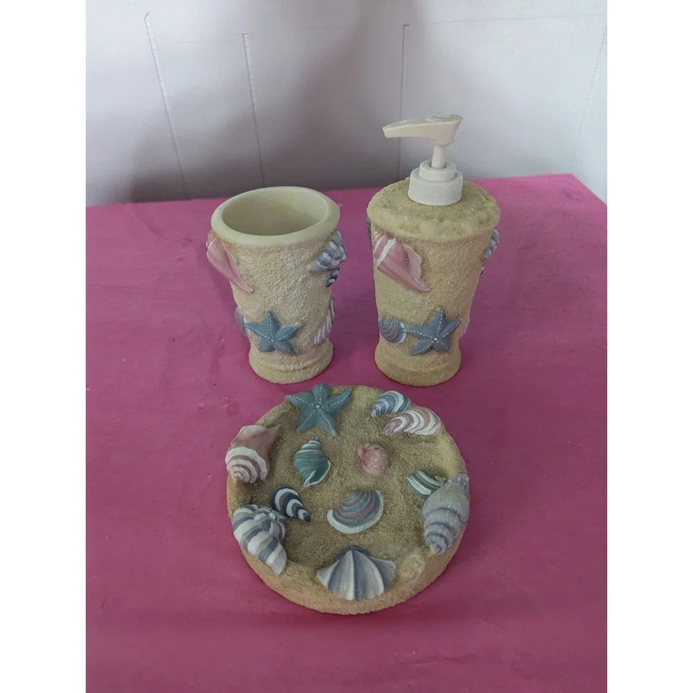3 piece Seashell beach nautical bathroom set soap dish lotion pump toothbrush